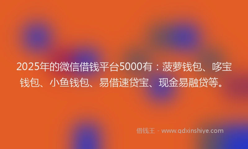 2025年的微信借钱平台5000有：菠萝钱包、哆宝钱包、小鱼钱包、易借速贷宝、现金易融贷等。