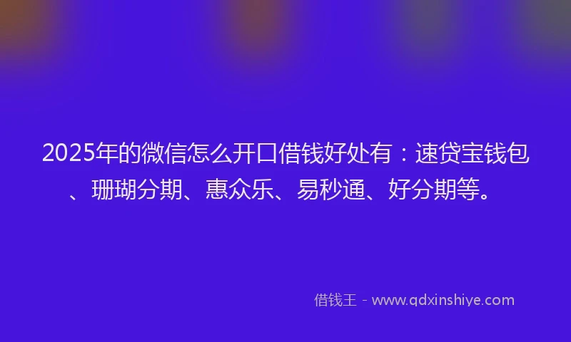 2025年的微信怎么开口借钱好处有：速贷宝钱包、珊瑚分期、惠众乐、易秒通、好分期等。