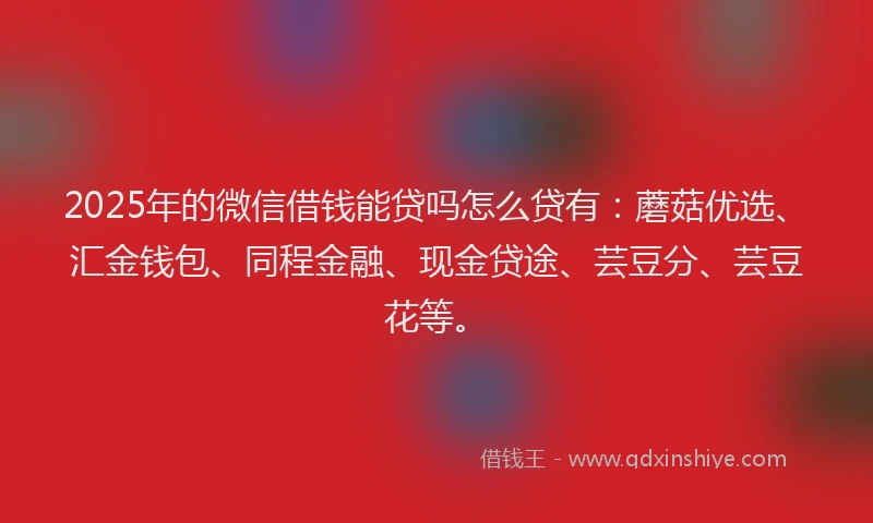 2025年的微信借钱能贷吗怎么贷有：蘑菇优选、汇金钱包、同程金融、现金贷途、芸豆分、芸豆花等。