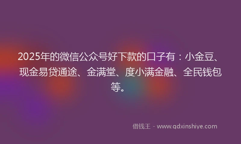 2025年的微信公众号好下款的口子有：小金豆、现金易贷通途、金满堂、度小满金融、全民钱包等。
