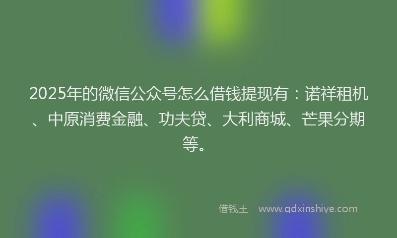 2025年的微信公众号怎么借钱提现有：诺祥租机、中原消费金融、功夫贷、大利商城、芒果分期等。