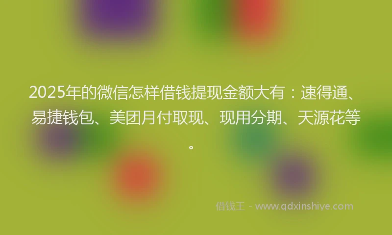 2025年的微信怎样借钱提现金额大有：速得通、易捷钱包、美团月付取现、现用分期、天源花等。