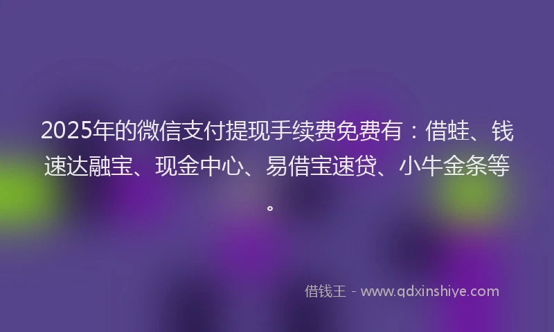 2025年的微信支付提现手续费免费有：借蛙、钱速达融宝、现金中心、易借宝速贷、小牛金条等。
