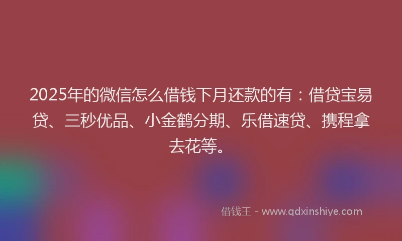 2025年的微信怎么借钱下月还款的有：借贷宝易贷、三秒优品、小金鹤分期、乐借速贷、携程拿去花等。
