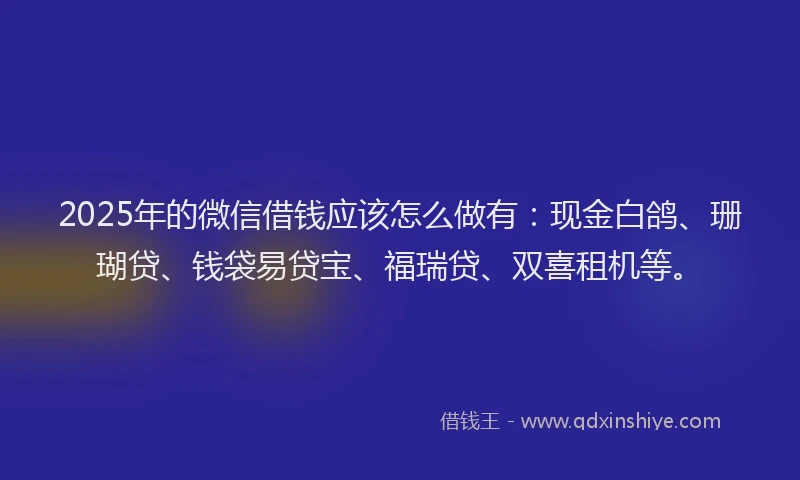 2025年的微信借钱应该怎么做有：现金白鸽、珊瑚贷、钱袋易贷宝、福瑞贷、双喜租机等。