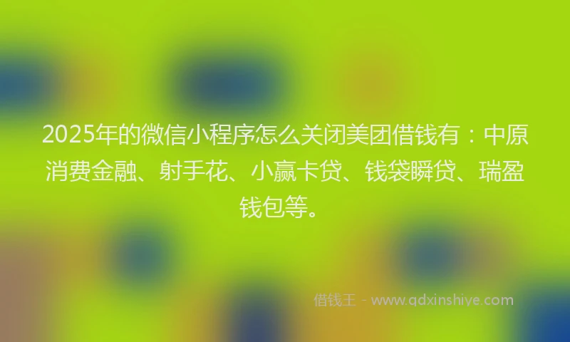2025年的微信小程序怎么关闭美团借钱有：中原消费金融、射手花、小赢卡贷、钱袋瞬贷、瑞盈钱包等。