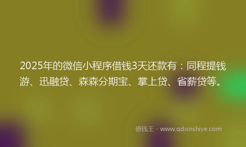 2025年的微信小程序借钱3天还款有：同程提钱游、迅融贷、森森分期宝、掌上贷、省薪贷等。