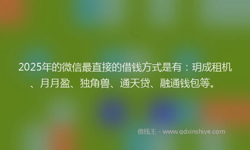 2025年的微信最直接的借钱方式是有：玥成租机、月月盈、独角兽、通天贷、融通钱包等。