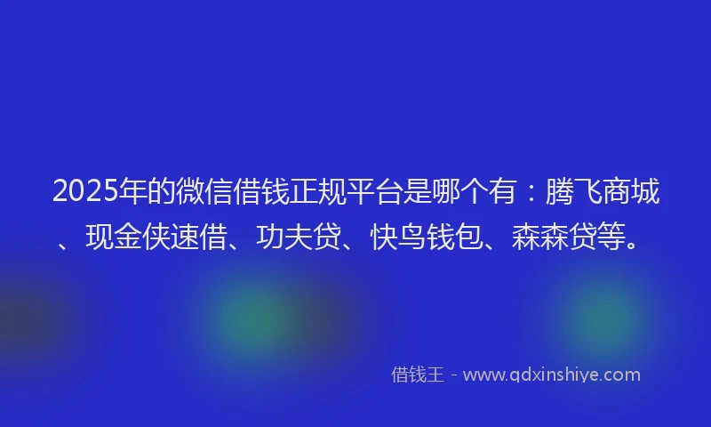 2025年的微信借钱正规平台是哪个有：腾飞商城、现金侠速借、功夫贷、快鸟钱包、森森贷等。