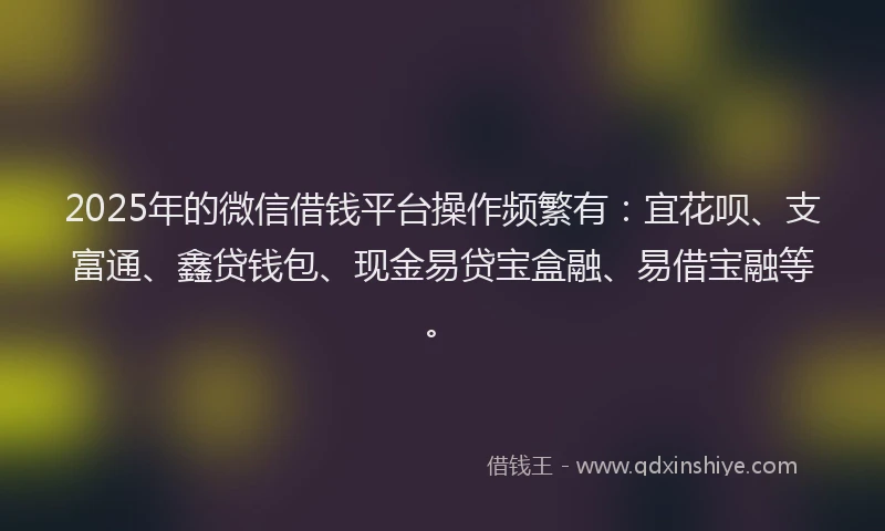 2025年的微信借钱平台操作频繁有：宜花呗、支富通、鑫贷钱包、现金易贷宝盒融、易借宝融等。