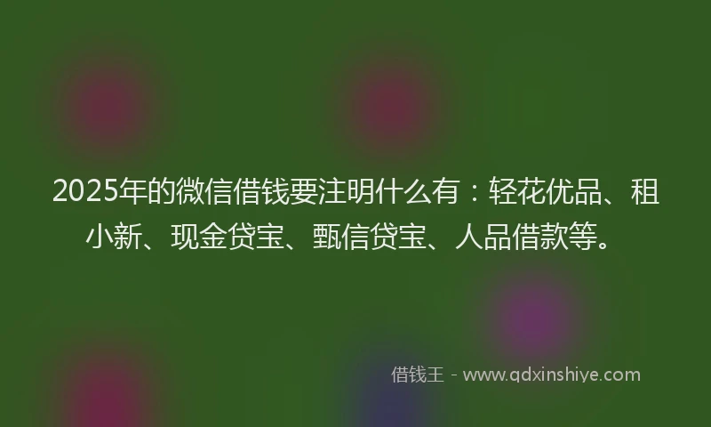 2025年的微信借钱要注明什么有：轻花优品、租小新、现金贷宝、甄信贷宝、人品借款等。