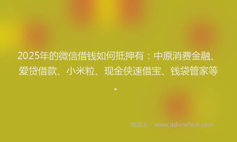 2025年的微信借钱如何抵押有：中原消费金融、爱贷借款、小米粒、现金侠速借宝、钱袋管家等。