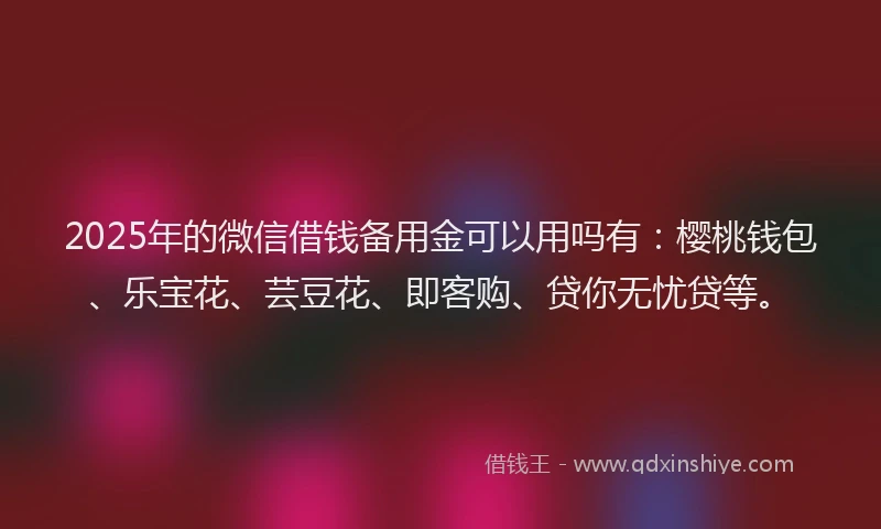 2025年的微信借钱备用金可以用吗有：樱桃钱包、乐宝花、芸豆花、即客购、贷你无忧贷等。