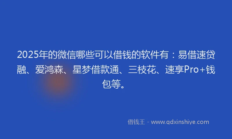 2025年的微信哪些可以借钱的软件有：易借速贷融、爱鸿森、星梦借款通、三枝花、速享Pro+钱包等。