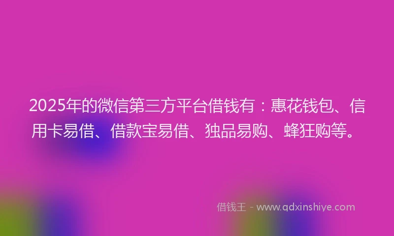 2025年的微信第三方平台借钱有：惠花钱包、信用卡易借、借款宝易借、独品易购、蜂狂购等。