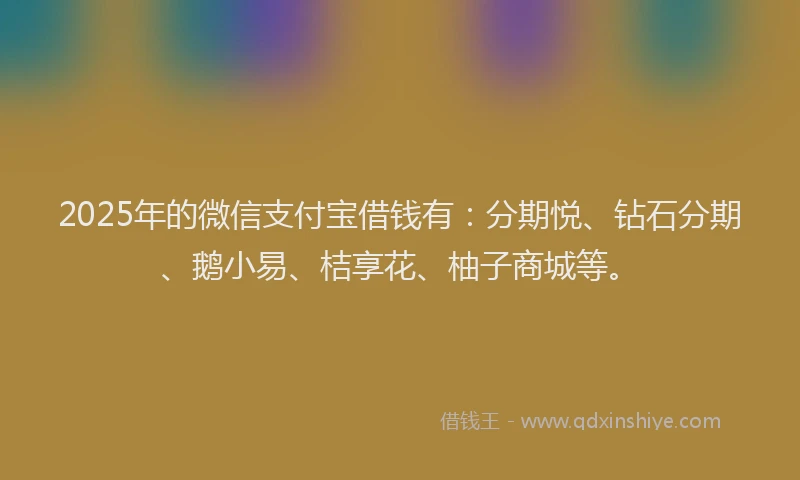 2025年的微信支付宝借钱有：分期悦、钻石分期、鹅小易、桔享花、柚子商城等。