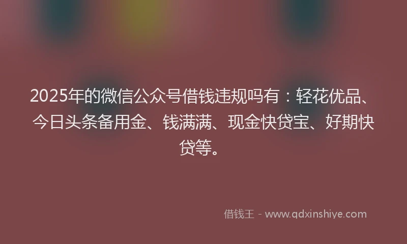 2025年的微信公众号借钱违规吗有：轻花优品、今日头条备用金、钱满满、现金快贷宝、好期快贷等。