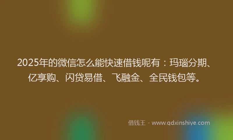 2025年的微信怎么能快速借钱呢有：玛瑙分期、亿享购、闪贷易借、飞融金、全民钱包等。
