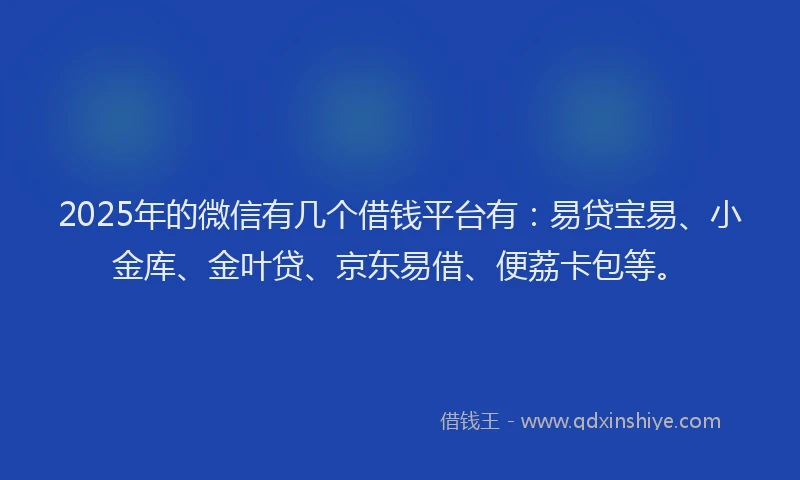 2025年的微信有几个借钱平台有：易贷宝易、小金库、金叶贷、京东易借、便荔卡包等。
