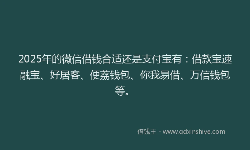 2025年的微信借钱合适还是支付宝有：借款宝速融宝、好居客、便荔钱包、你我易借、万信钱包等。