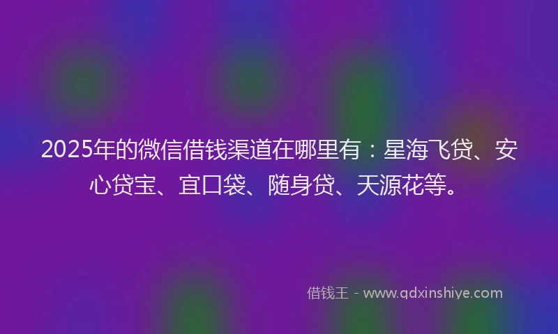 2025年的微信借钱渠道在哪里有：星海飞贷、安心贷宝、宜口袋、随身贷、天源花等。