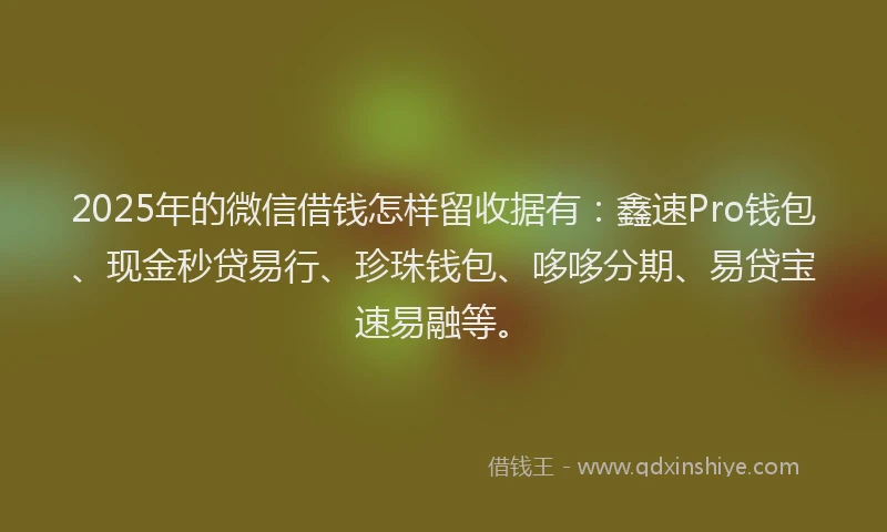 2025年的微信借钱怎样留收据有：鑫速Pro钱包、现金秒贷易行、珍珠钱包、哆哆分期、易贷宝速易融等。