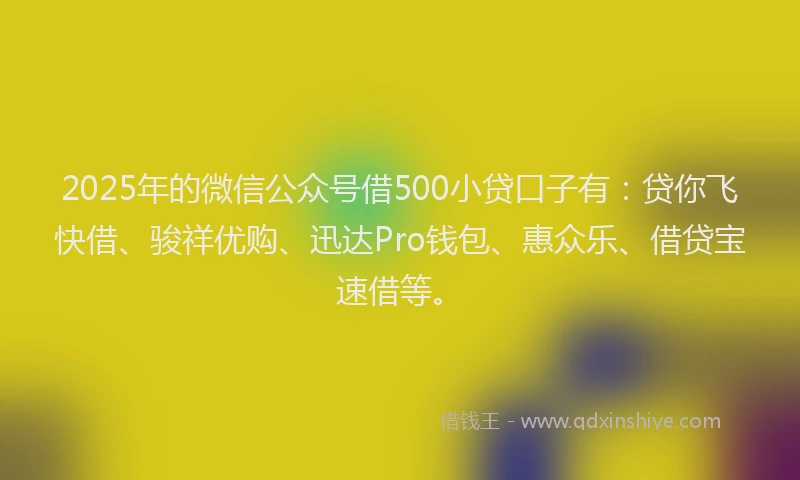 2025年的微信公众号借500小贷口子有：贷你飞快借、骏祥优购、迅达Pro钱包、惠众乐、借贷宝速借等。