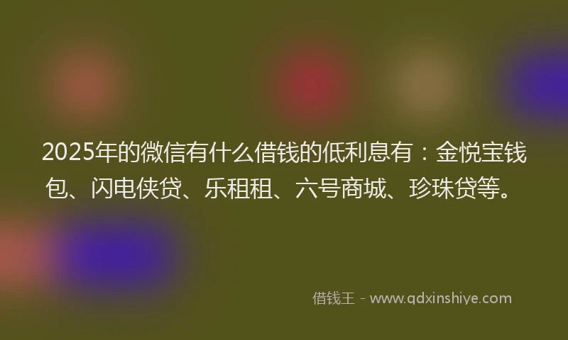 2025年的微信有什么借钱的低利息有：金悦宝钱包、闪电侠贷、乐租租、六号商城、珍珠贷等。