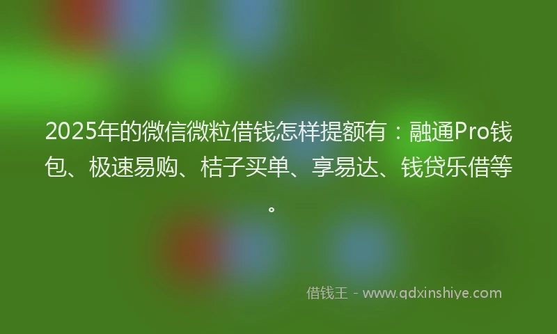 2025年的微信微粒借钱怎样提额有：融通Pro钱包、极速易购、桔子买单、享易达、钱贷乐借等。