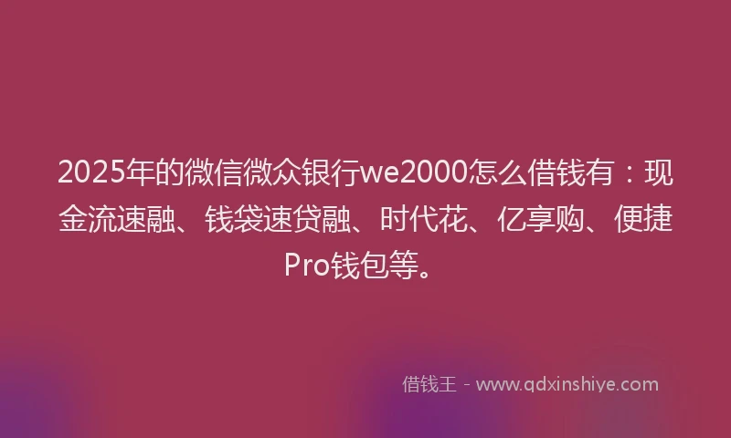2025年的微信微众银行we2000怎么借钱有：现金流速融、钱袋速贷融、时代花、亿享购、便捷Pro钱包等。