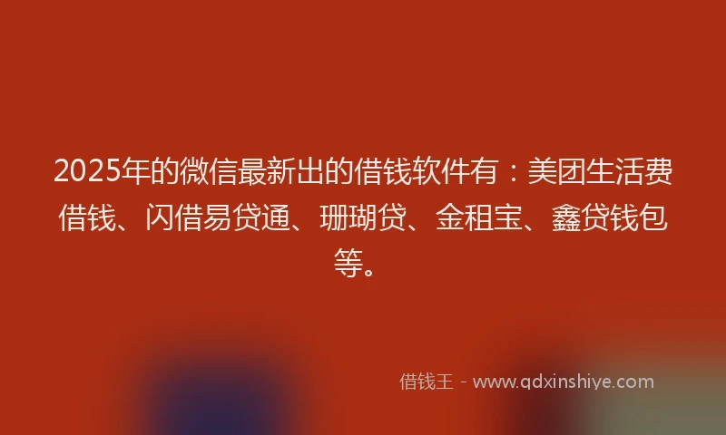 2025年的微信最新出的借钱软件有：美团生活费借钱、闪借易贷通、珊瑚贷、金租宝、鑫贷钱包等。