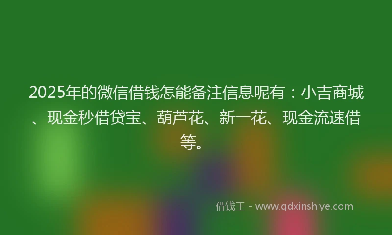 2025年的微信借钱怎能备注信息呢有：小吉商城、现金秒借贷宝、葫芦花、新一花、现金流速借等。
