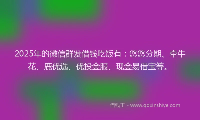 2025年的微信群发借钱吃饭有：悠悠分期、牵牛花、鹿优选、优投金服、现金易借宝等。