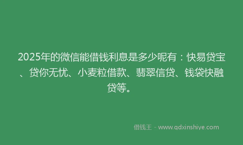2025年的微信能借钱利息是多少呢有：快易贷宝、贷你无忧、小麦粒借款、翡翠信贷、钱袋快融贷等。