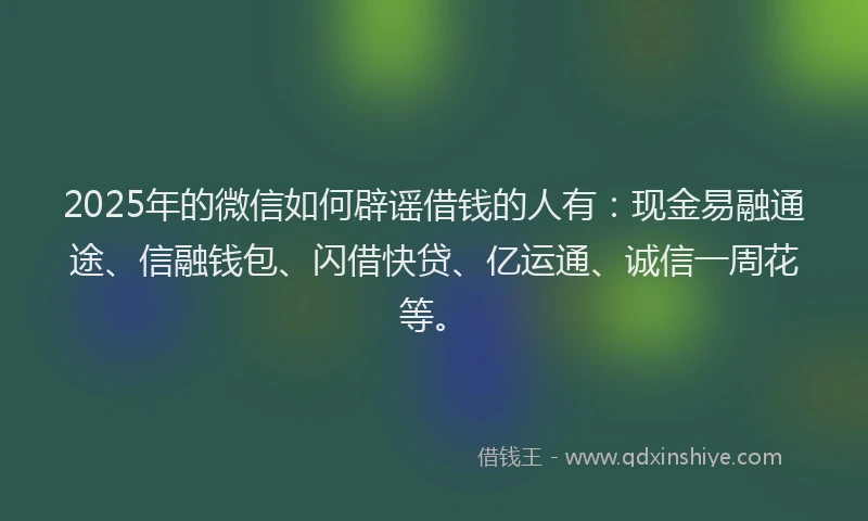 2025年的微信如何辟谣借钱的人有：现金易融通途、信融钱包、闪借快贷、亿运通、诚信一周花等。