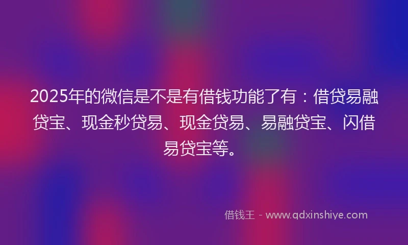 2025年的微信是不是有借钱功能了有：借贷易融贷宝、现金秒贷易、现金贷易、易融贷宝、闪借易贷宝等。