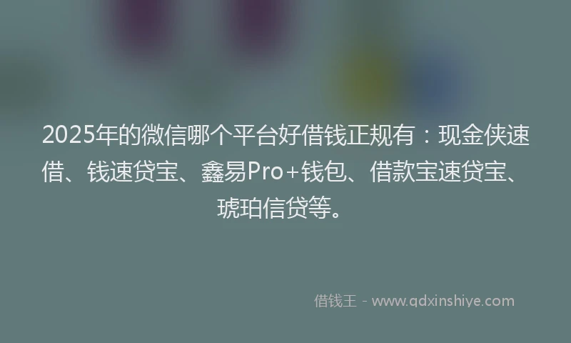 2025年的微信哪个平台好借钱正规有：现金侠速借、钱速贷宝、鑫易Pro+钱包、借款宝速贷宝、琥珀信贷等。