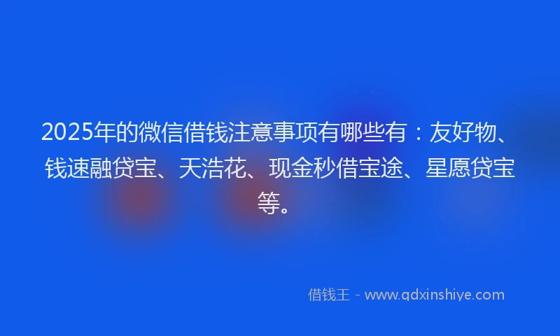 2025年的微信借钱注意事项有哪些有：友好物、钱速融贷宝、天浩花、现金秒借宝途、星愿贷宝等。