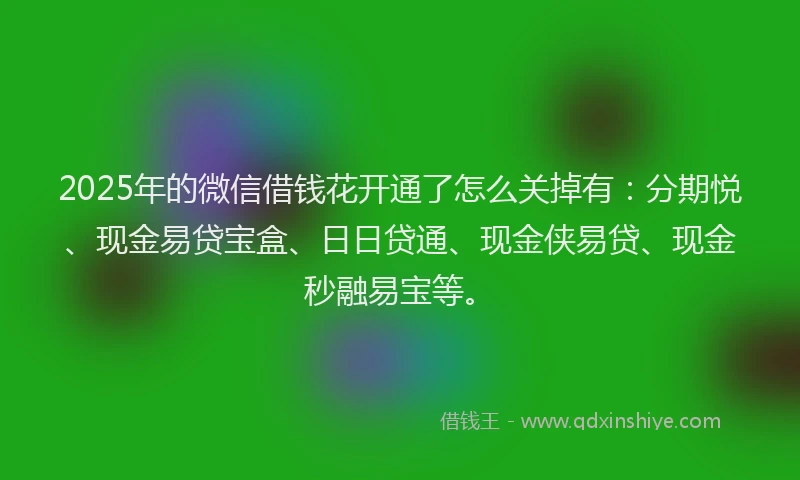 2025年的微信借钱花开通了怎么关掉有：分期悦、现金易贷宝盒、日日贷通、现金侠易贷、现金秒融易宝等。