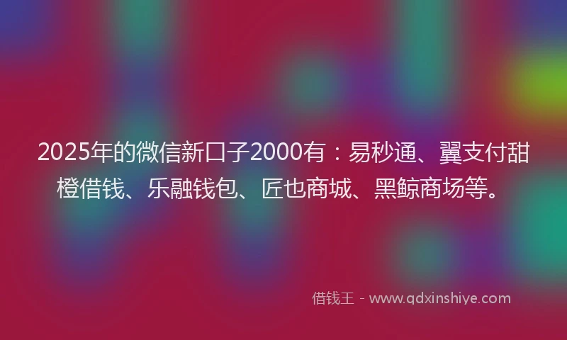 2025年的微信新口子2000有：易秒通、翼支付甜橙借钱、乐融钱包、匠也商城、黑鲸商场等。