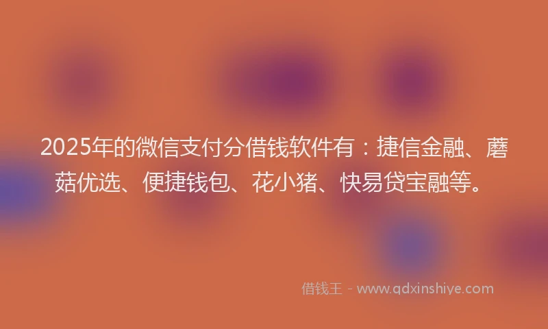 2025年的微信支付分借钱软件有：捷信金融、蘑菇优选、便捷钱包、花小猪、快易贷宝融等。