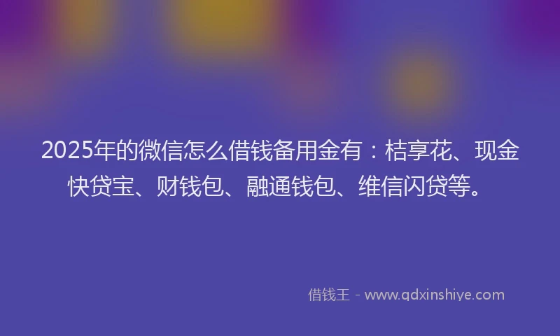 2025年的微信怎么借钱备用金有：桔享花、现金快贷宝、财钱包、融通钱包、维信闪贷等。