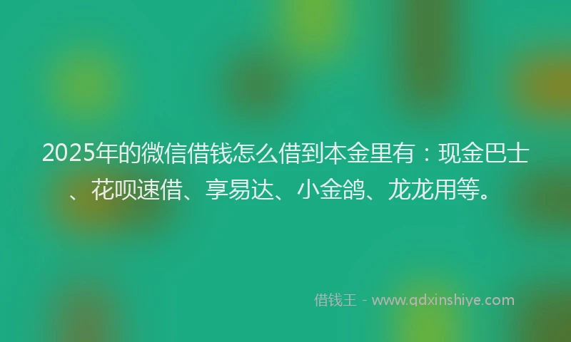 2025年的微信借钱怎么借到本金里有：现金巴士、花呗速借、享易达、小金鸽、龙龙用等。
