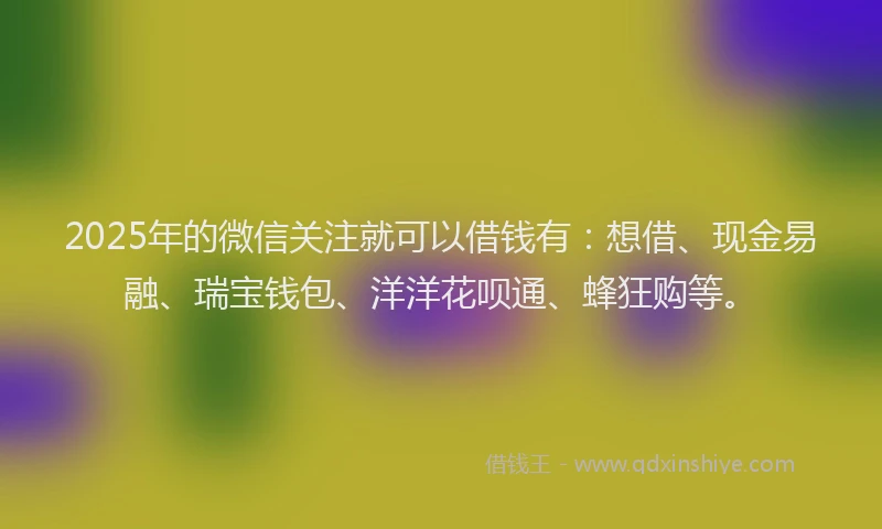 2025年的微信关注就可以借钱有：想借、现金易融、瑞宝钱包、洋洋花呗通、蜂狂购等。