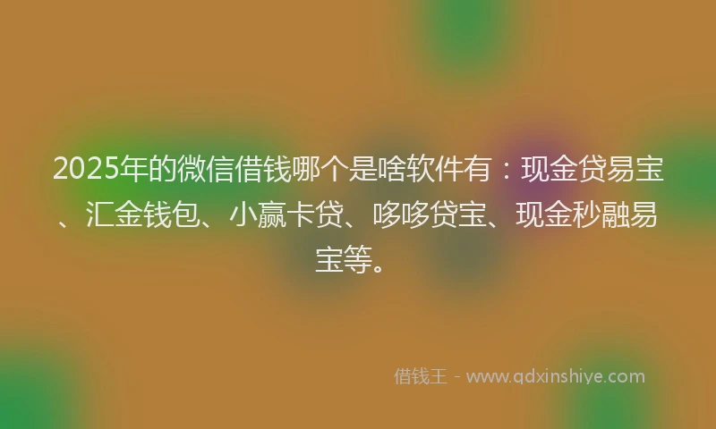 2025年的微信借钱哪个是啥软件有：现金贷易宝、汇金钱包、小赢卡贷、哆哆贷宝、现金秒融易宝等。