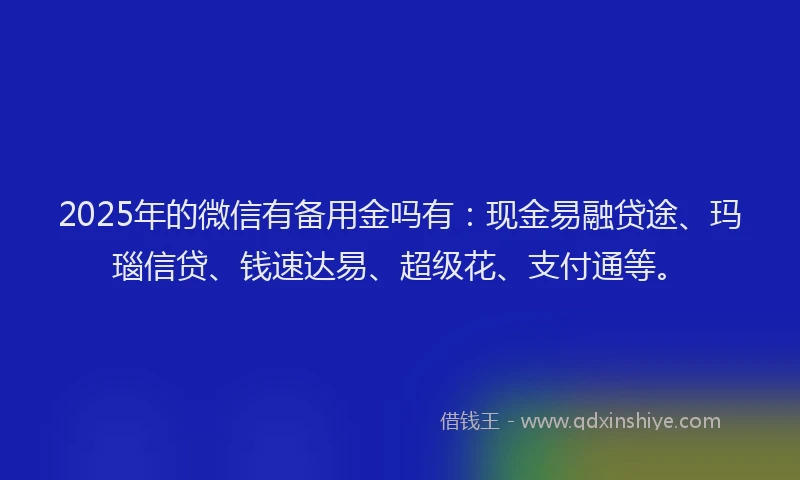2025年的微信有备用金吗有：现金易融贷途、玛瑙信贷、钱速达易、超级花、支付通等。