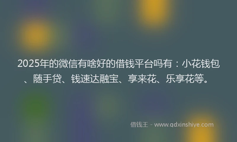 2025年的微信有啥好的借钱平台吗有：小花钱包、随手贷、钱速达融宝、享来花、乐享花等。