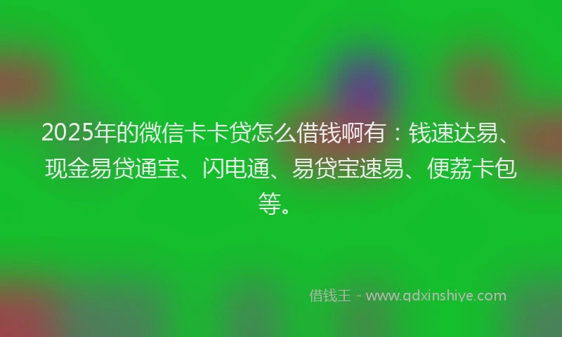 2025年的微信卡卡贷怎么借钱啊有：钱速达易、现金易贷通宝、闪电通、易贷宝速易、便荔卡包等。