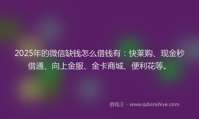 2025年的微信缺钱怎么借钱有：快莱购、现金秒借通、向上金服、金卡商城、便利花等。