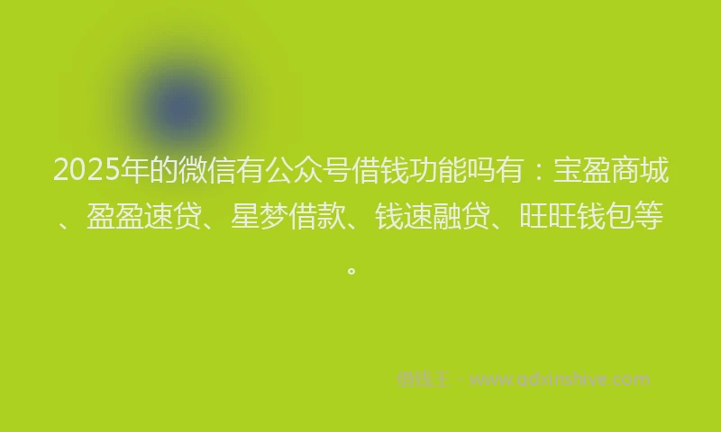 2025年的微信有公众号借钱功能吗有：宝盈商城、盈盈速贷、星梦借款、钱速融贷、旺旺钱包等。